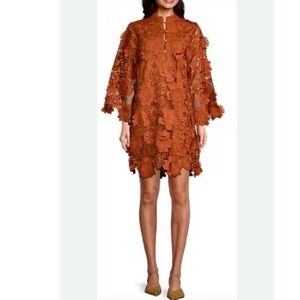 J.Marie Seraphina Shift Dress XS Burnt Orange Floral 3D Lace 3/4 Sleeve Kaftan